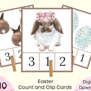 Ostern Zähl- und Clip-Karten, Osterhasen und Eier, Montessori-Zählung 1-10, Vorschul-Aktivitätskarten zum Ausdrucken, Homeschool-Ressource