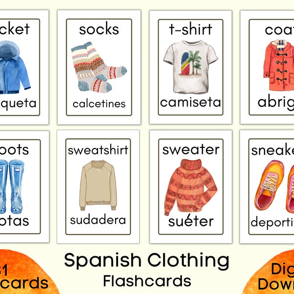 Spanish Clothing Flashcards Printable, 31 Spanish Flashcards,  English and Spanish Clothing, Toddler and Kids Learning