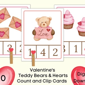 Valentinstag Teddybären und Herzen Zählen Clipkarten, Montessori Zählen 1-10, Vorschulaktivitätskarten zum Ausdrucken