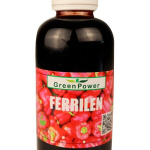 Könnte beinhalten: Eine braune Glasflasche mit weißem Verschluss, beschriftet mit "GreenPower Ferrilen" und einem roten Paprika-Design.