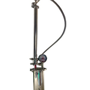 May include: A stainless steel filter system with a pressure gauge and a hose. The filter system is designed for use in a brewery or other industrial setting.