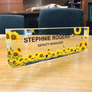 Personalized Sunflower Desk Name Plate: Clear Acrylic Office Decor