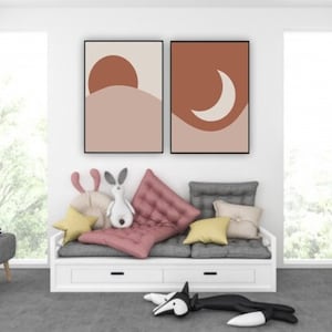 Sun and Moon Print Set: Boho Mid-Century Modern Wall Art (Digital Download)
