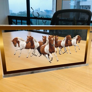 Seven Lucky Running Horses for Desk, Crystal Clear Glass Block, 7 Running Horses Acrylic Plaque, Vastu Décor for Home & Office, Cute Animal