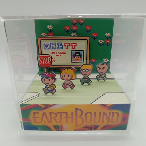 Earthbound Ness and Friends in Onett Video Game Shadow Box Diorama Cube