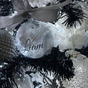 Personalised Christmas Baubles with any text | filled with feathers - multiple colour choices available.