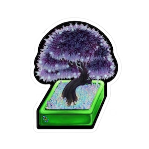 May include: A sticker featuring a stylized bonsai tree with a purple canopy and a dark trunk. The tree sits in a green rectangular pot filled with crystals. The sticker has a black outline.