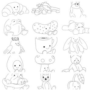 Peut inclure: Une collection d'illustrations au trait fantaisistes représentant divers personnages souriants d'aliments et d'animaux. Comprend un croissant, un dinosaure, un ours, une grenouille, un cornichon, un hippopotame, un oiseau, une tasse à café, un lapin, un avocat, un champignon, un chien, un panda et une citrouille.
