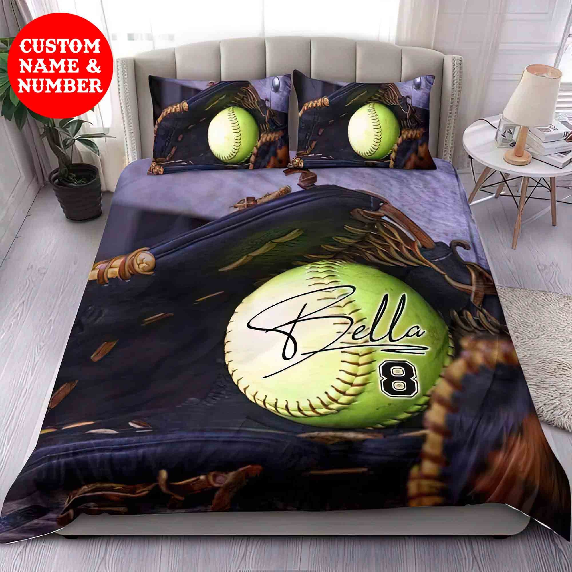 Personalized Softball Bedding Set Custom Name Softball Etsy