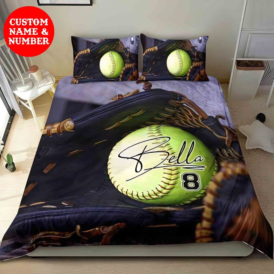Personalized Softball Bedding Set Custom Name Softball Etsy