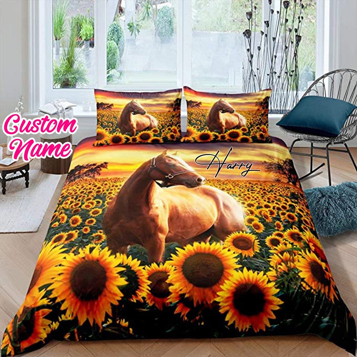 Custom Name Brown Horse Bedding Sets Personalized Sunflower Etsy
