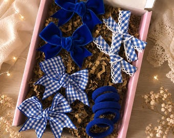 Royal Blue Hair Bows Set: Gingham & Velvet School Accessories