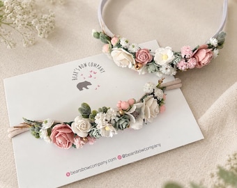 Pink, Sage, White and Gold Flower Headband, Bridesmaid, Flowergirl, Weddings