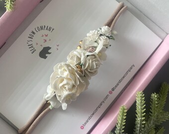 White and gold flower headband for weddings, flower girls