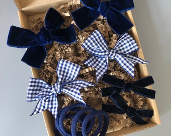 Navy Velvet and Gingham School Hair Bow Set