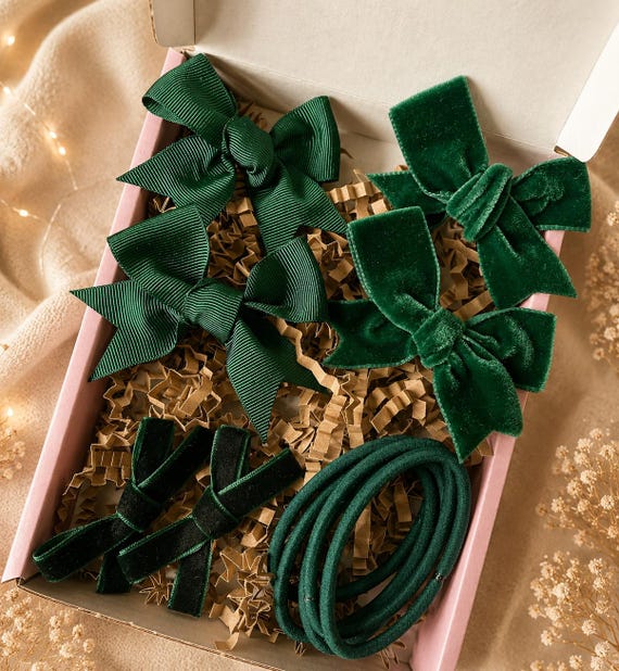 Grüner Samt & Grosgrain Haarschleife Set, Schul Accessoires
