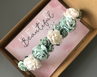 Sage Green Flower Headband, Ivory Floral Crown, Wedding Hair Accessory