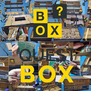 Puede incluir: Un collage de im&aacute;genes que muestran el proceso de construcci&oacute;n de una sala de escape "QUEST BOX". Las im&aacute;genes muestran la caja de madera, la electr&oacute;nica y el cableado. El texto "QUEST BOX" est&aacute; en letras grandes amarillas.