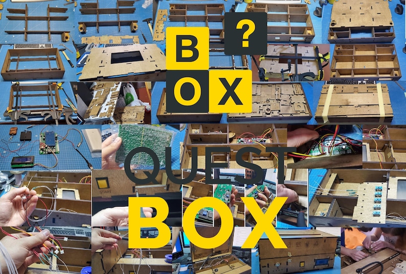 Puede incluir: Un collage de im&aacute;genes que muestran el proceso de construcci&oacute;n de una sala de escape "QUEST BOX". Las im&aacute;genes muestran la caja de madera, la electr&oacute;nica y el cableado. El texto "QUEST BOX" est&aacute; en letras grandes amarillas.