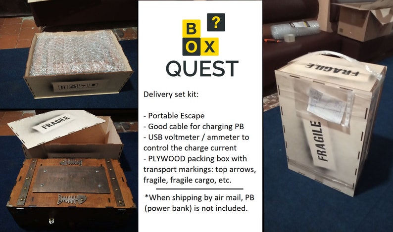 Puede incluir: Una caja de madera con las palabras "B?OX QUEST" impresas en la parte delantera. La caja est&aacute; etiquetada como "Fragile" y tiene un asa en la parte superior. La caja forma parte de un conjunto de entrega que incluye un juego de escape port&aacute;til, un cable de carga, un volt&iacute;metro/amper&iacute;metro y una caja de embalaje de madera contrachapada.