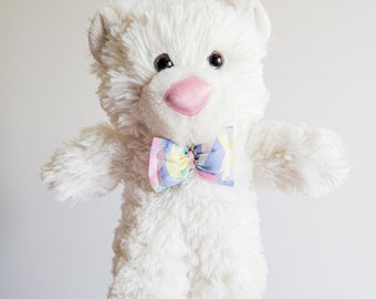 rescued plushie, white teddy bear, spring bear, recycled plushie, miracle bear