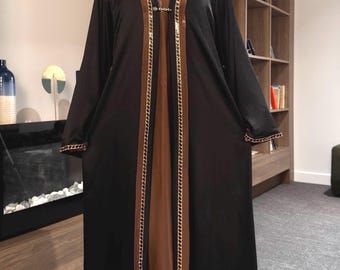 Three Piece Set Abaya with Stone Trim: Attached Inner  - Sage green/Deep Brown