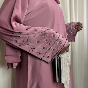 Mauve Rhinestone Abaya | Elegant Floral Embellished Abaya | Modest Abaya | Eid Abaya|Wedding, Party Abaya | Women’s Abaya/Stone Abaya/Abaya