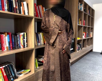 Open Abaya Set Rhinestone Detail:Matching Hijab, Eid Outfit (Brown)