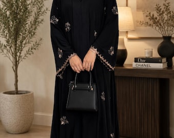 Abaya negra cerrada con bordado floral, vestido modesto, ropa islámica, vestido musulmán