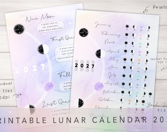 2027 Lunar Calendar, Moon Phases Printable Calendar, Pastel Cute Digital Planner Full Moon, Monday Start, Instant Download PDF