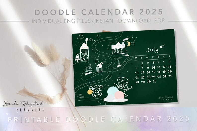 Printable Calendar 2025 Cute Calendars Family Kid Doodle Chalk Board