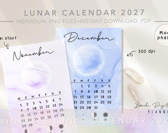 2027 Lunar Calendar, Moon Phases Printable Calendar, Pastel Cute Digital Planner Full Moon, Monday Start, Instant Download PDF