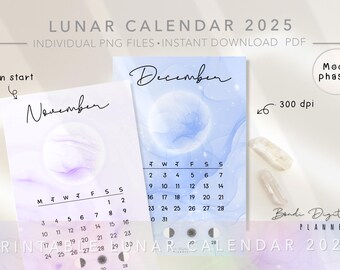 Lunar Calendar 2025 | Moon Phases Calendars | Printable Digital Pastel ...