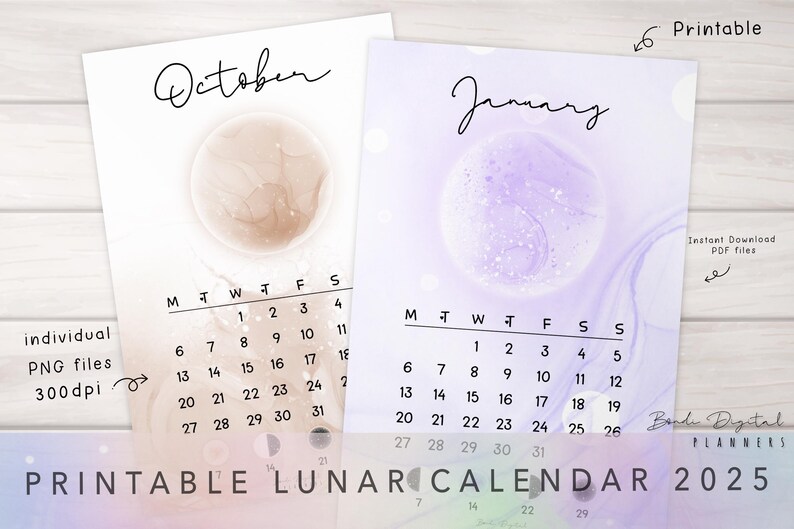 Lunar Calendar 2025 Moon Phases Calendars Printable Digital Pastel Cute ...