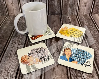 Sarcastic coasters, Set of 4 Coasters, Retro Housewife Sayings, Wine Humor, Housewarming, Wine coasters, Vintage Women, Gift for Her