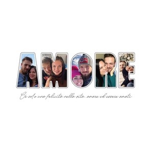 May include: A collage of photos of people smiling and laughing, arranged in the shape of the word "AMORE" in Italian, which means "love". The text "C'è solo una felicità nella vita: amare ed essere amati" is written below the collage, which translates to "There is only one happiness in life: to love and be loved."