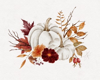 Watercolor Autumn Set - Autumn Flowers - Fall Clipart - Pumpkin Clipart - Watercolor Pumpkin - Floral Clipart - Fall Flowers - Autumn