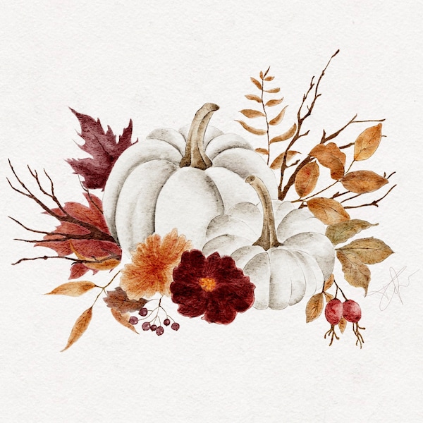 Watercolor Autumn Set - Autumn Flowers - Fall Clipart - Pumpkin Clipart - Watercolor Pumpkin - Floral Clipart - Fall Flowers - Autumn