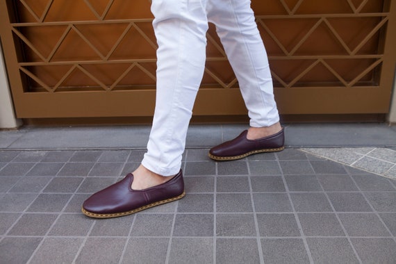 Men Burgundy Flat Leather Shoes Casual 