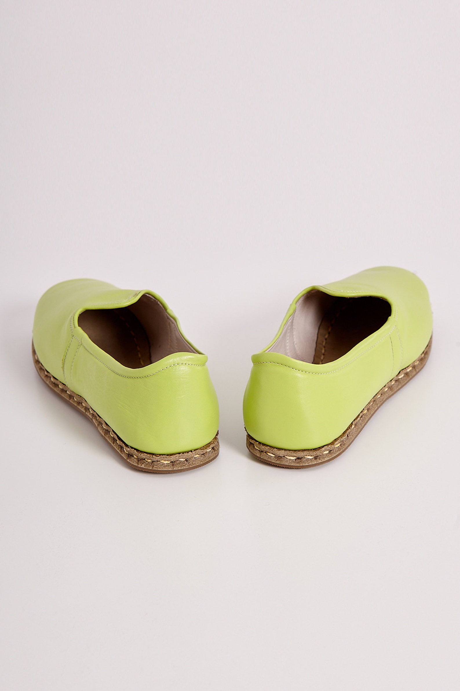 Women Pistachio Leather Handmade Shoes Flat Shoes Natural Etsy