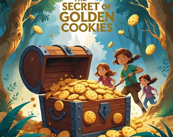 Op de afbeelding: Illustratie van een houten schatkist vol gouden koekjes. Drie kinderen rennen naar de kist in een bosrijke omgeving. De tekst "The Secret of Golden Cookies" staat boven de kist.