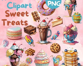 Pastel Watercolor Sweet Treats Clipart: PNG Bundle (Instant Download)