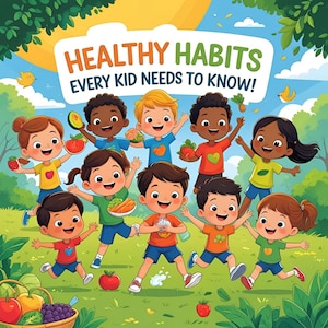 May include: A colorful illustration depicts a group of diverse children holding fruits and vegetables. The text "HEALTHY HABITS EVERY KID NEEDS TO KNOW!" is displayed above the children. The background features a sunny sky, trees, and a basket of fruit.
