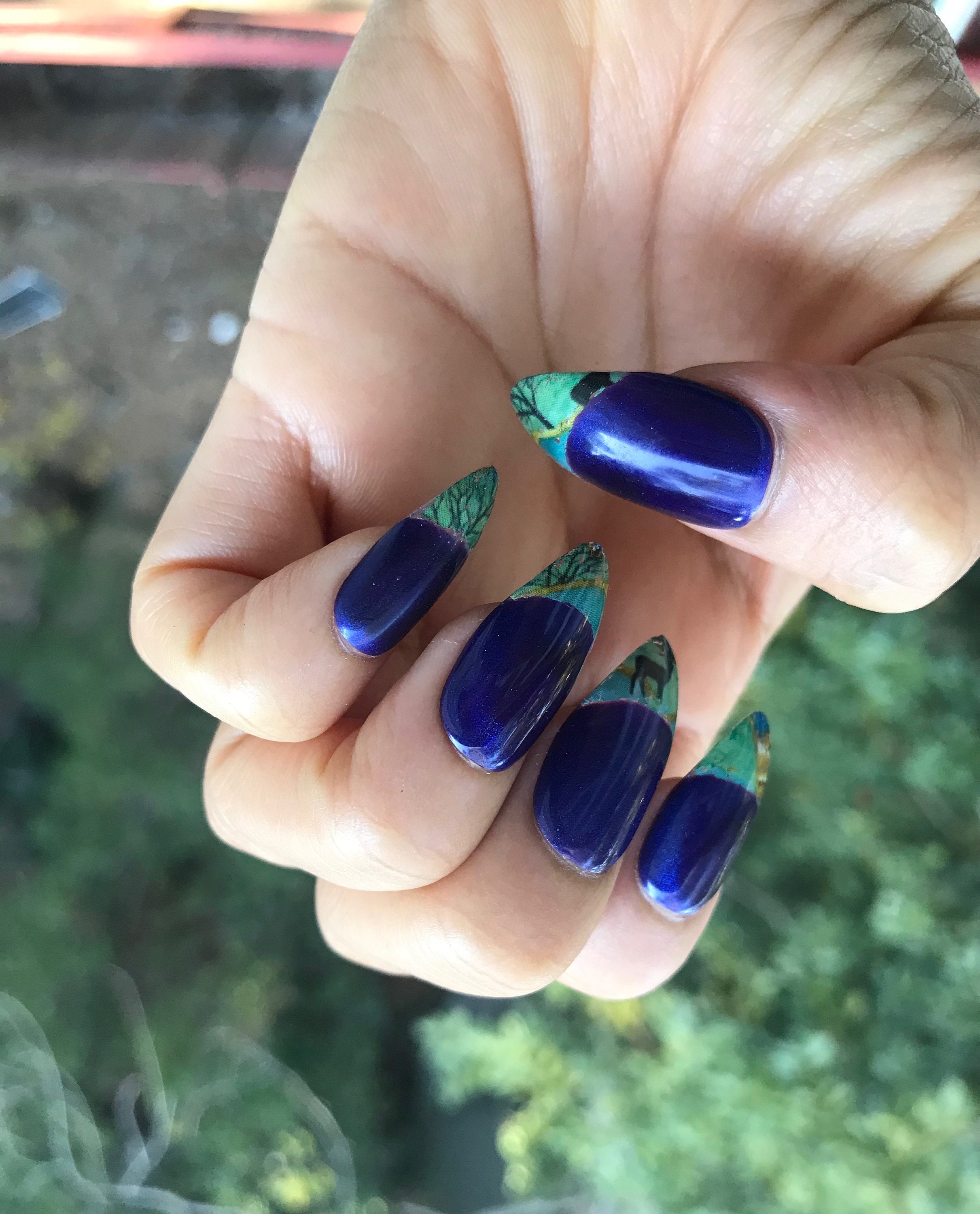Dark Blue Cat Eye and Mountain Scene Tips / Fake Nails/ - Etsy