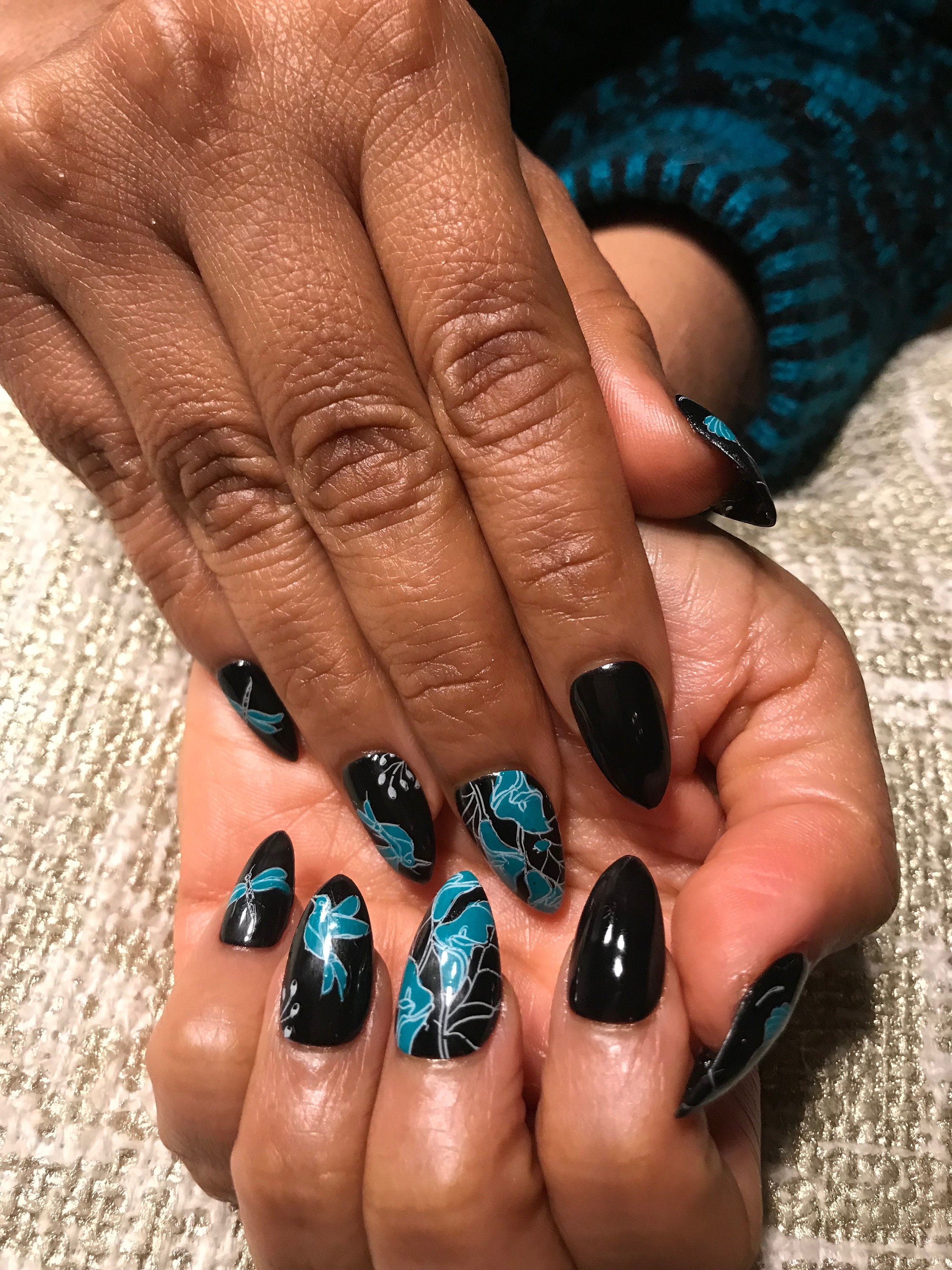 Calla Lilies Birds and Dragonflies / Fake Nails/ Etsy