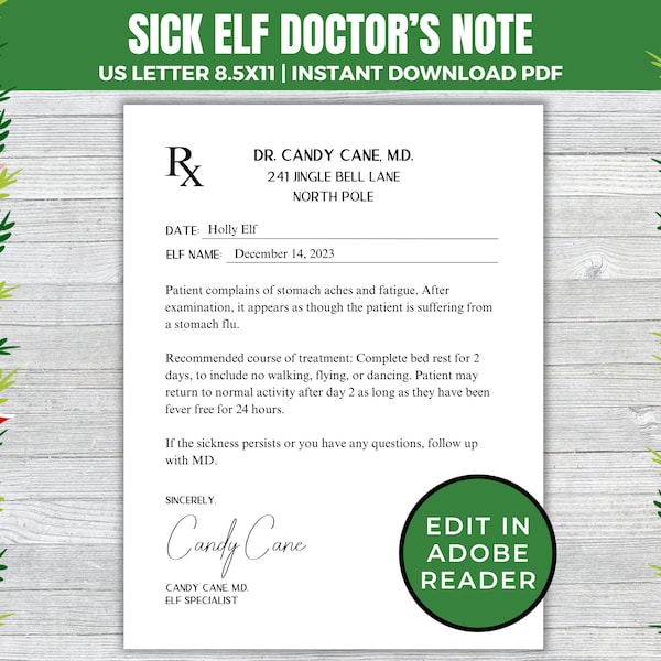 Editable Elf Sick Note, Elf Injury & Recovery Letter, Elf Doctor’s Note, Elf Activity Idea, Christmas Elf Printable Letter