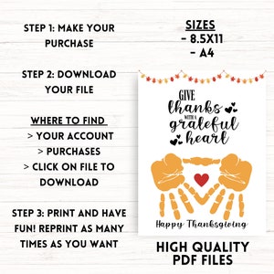 K&ouml;nnte beinhalten: Druckbare Thanksgiving-Karte mit einem Handabdruck-Design und dem Text "Give thanks with a grateful heart". Die Karte ist in den Gr&ouml;&szlig;en 8.5x11 und A4 erh&auml;ltlich.