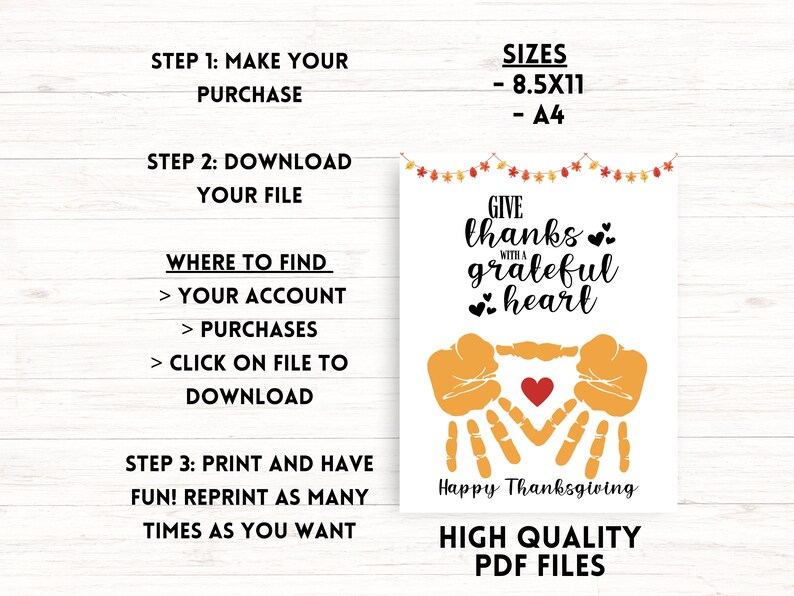 K&ouml;nnte beinhalten: Druckbare Thanksgiving-Karte mit einem Handabdruck-Design und dem Text "Give thanks with a grateful heart". Die Karte ist in den Gr&ouml;&szlig;en 8.5x11 und A4 erh&auml;ltlich.