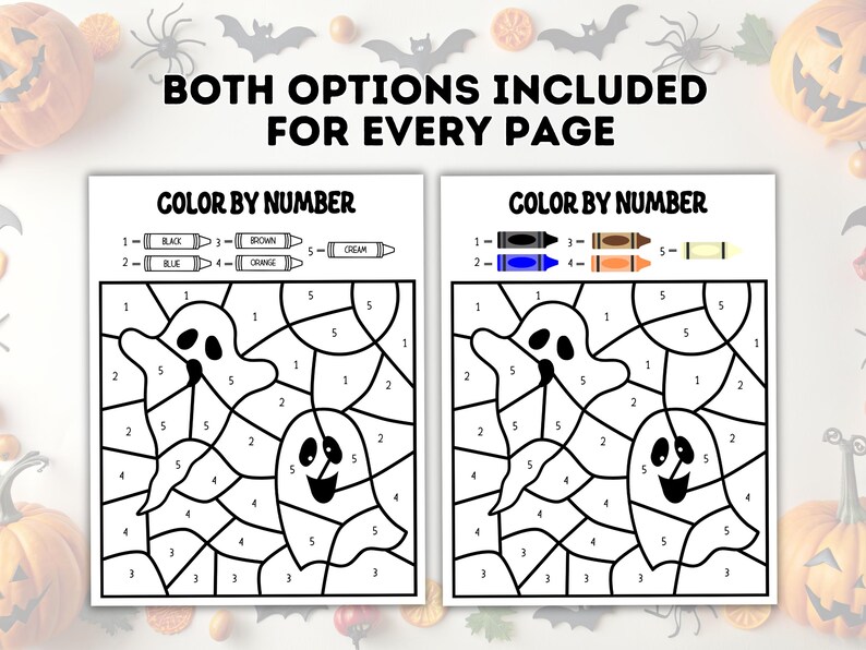 May include: Two printable color by number pages featuring ghosts. The first page has a ghost with a surprised expression and the second page has a ghost with a smiling expression. Both pages include a color key with the numbers 1-5 and the corresponding colors: black, blue, brown, orange, and cream.