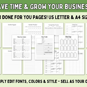 May include: A set of 98 printable pages for a gardening planner. The pages include sections for garden layout, plant care guides, plant profiles, plant tags, weekly plant trackers, cutting logs, and seed information. The pages are designed to be edited with fonts, colors, and styles.